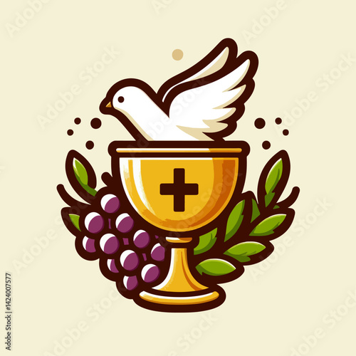 Religious emblem, featuring a dove inside a chalice, with grapes and foliage, representing Christian holy communion.