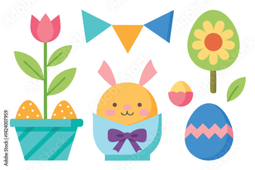 Flat Easter Set with Bunny in Eggshell, Colorful Eggs, Garland, and Flower on White