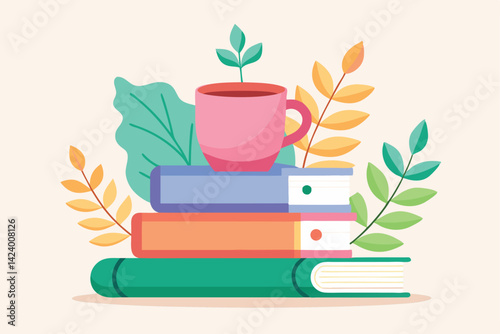 Flat Stacked Books with Mug and Leafy Branches Design