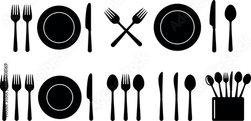 Fork, knife, plate and spoon. Menu symbol. Restaurant icon. Food, plate, fork, knife, spoon, cutlery icon set