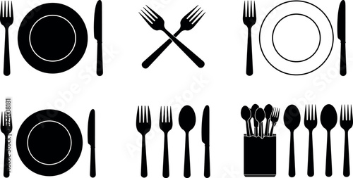 Fork, knife, plate and spoon. Menu symbol. Restaurant icon. Food, plate, fork, knife, spoon, cutlery icon set
