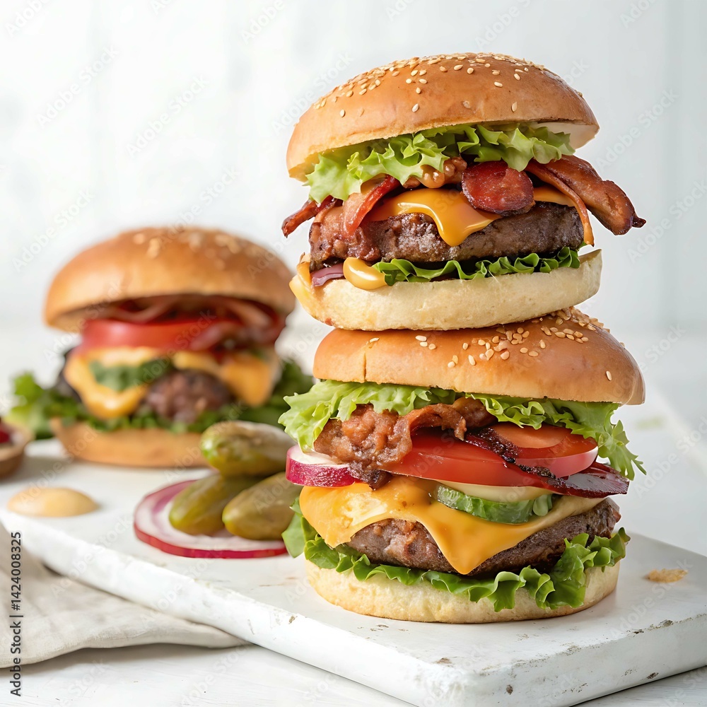 a close up of a burger with sesame bun, lettuce, tomato, cheese, and beef patty on a black surface
