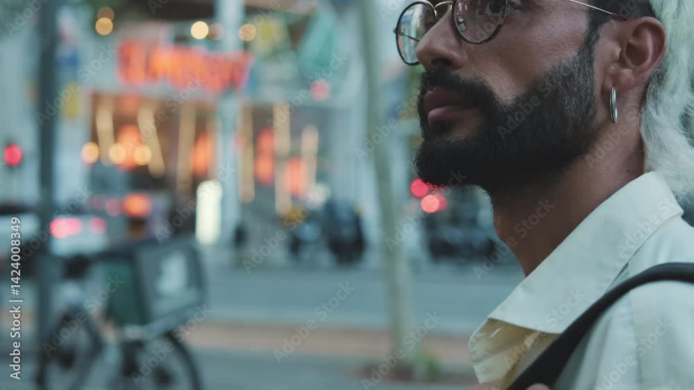 Stylish man with white hair and glasses walks down a city street at dusk. He looks around and observes his surroundings.