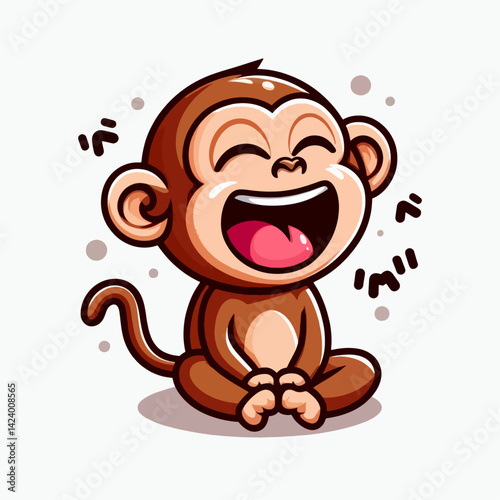 A cartoon rendering of a small, brown monkey with a wide, joyful smile and open mouth, sitting on a plain white background.