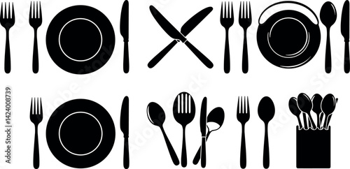 Fork, knife, plate and spoon. Menu symbol. Restaurant icon. Food, plate, fork, knife, spoon, cutlery icon set