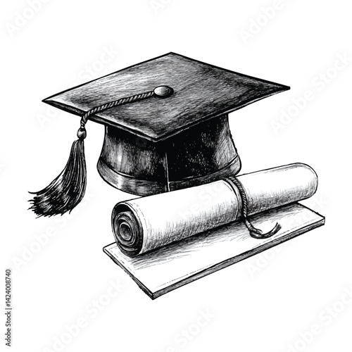 Hand-drawn vector sketch of graduation cap with diploma scroll on transparent background, PNG