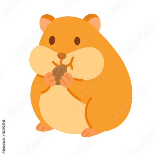 Cute chubby hamster eating nut. Cartoon flat style, pastel soft colors, clean isolated vector clipart.