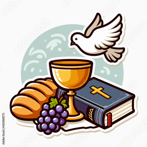 A cartoon image depicting Christian communion elements: bread, grapes, a chalice, a bible, and a dove, signifying faith and religious ceremony.