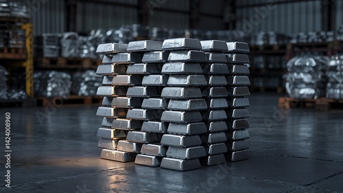Stacked beryllium metal ingots. Industrial metalworking, scientific alloy bars. Production material, solid element. Advanced manufacturing, chemical resource, tech and engineering.