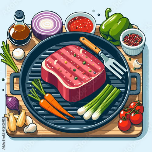 A graphic design depicting a seasoned steak on a hot grill, surrounded by various vegetables and cooking ingredients.