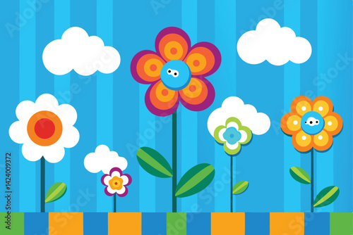 Fun Cartoon Flowers Growing on Green Plot Against Blue Striped Background