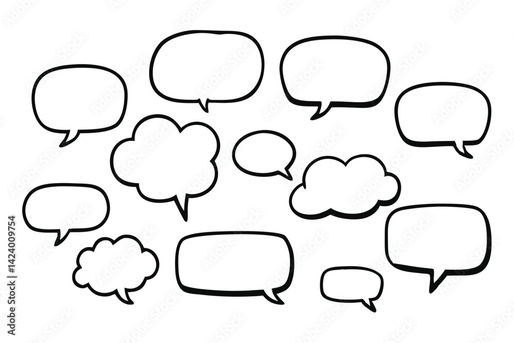 Hand Drawn Speech Bubbles Set, White Fill, Chat Elements, Communication Icons, Outline Hand Drawn Speech Bubbles Set, White Fill, Chat Elements, Communication Icons, Outline