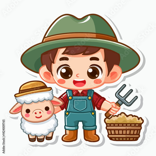 A cheerful cartoon boy farmer stands with a sheep and a hay basket, conveying a simple and heartwarming farm scene.
