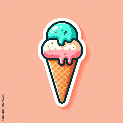 Cartoon graphic of a double scoop ice cream cone with mint and pink flavors, on a peach background.