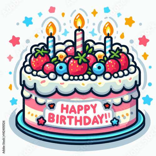 A cartoon birthday cake decorated with berries, candles, and a celebratory message.