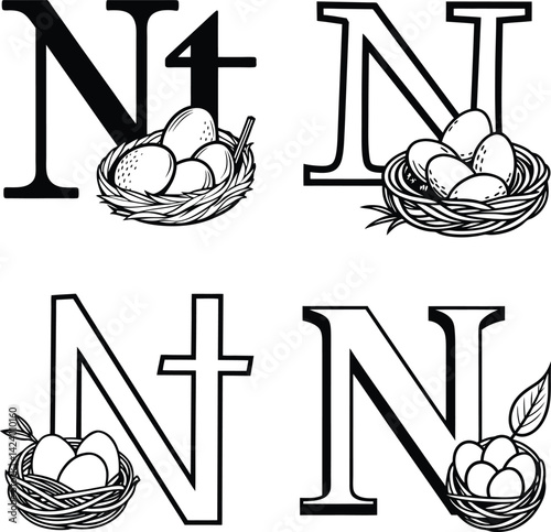 Creative alphabet letter n with bird nests and eggs black and white design
