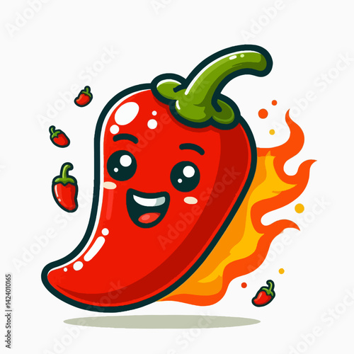 A cheerful cartoon chili pepper, in a vibrant red color, with wide eyes and a smile, is depicted in the midst of flames, conveying a feeling of spice and heat.