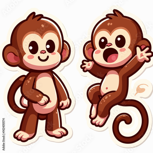 Two cartoon monkeys, one standing and one leaping, with large expressive eyes, are depicted in a cheerful style.