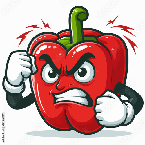 A cartoon representation of a red bell pepper displaying an angry facial expression and clenched fists.