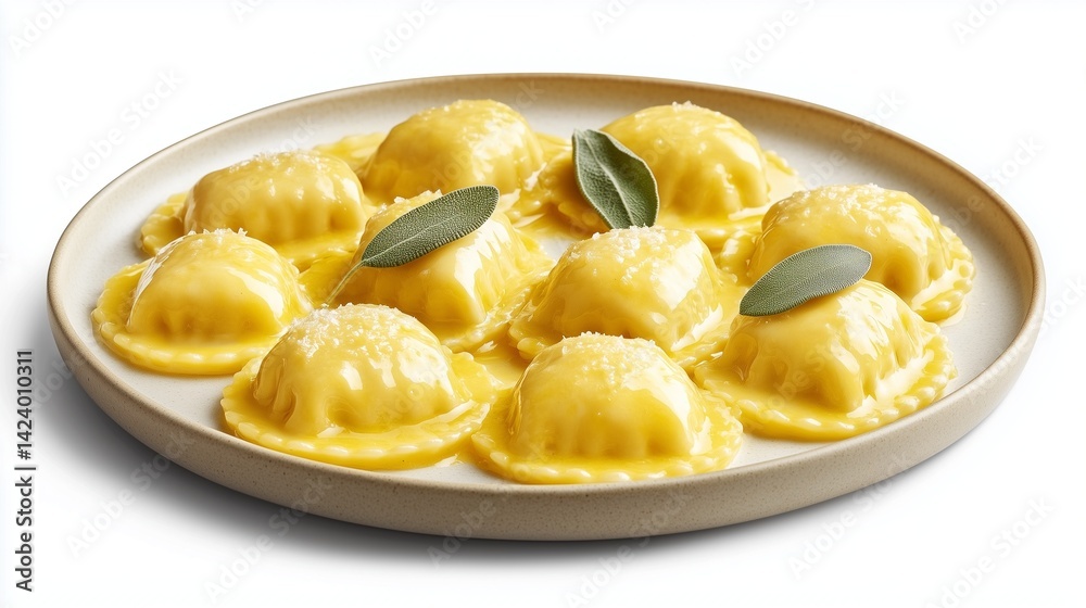 Gourmet Ravioli with Butter Sauce, Sage Leaves, and Parmesan on White Background Plate Gourmet Ravioli with Butter Sauce, Sage Leaves, and Parmesan on White Background Plate