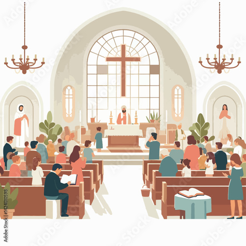 A large group of people are attending a religious service inside a beautiful church.