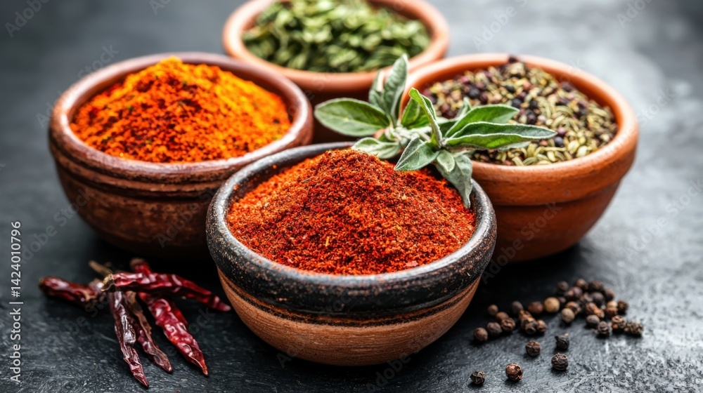 Assortment of aromatic culinary spices in rustic bowls on dark textured background Assortment of aromatic culinary spices in rustic bowls on dark textured background