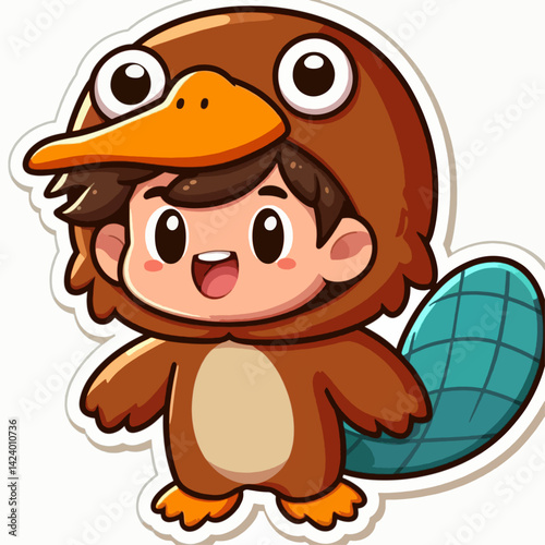A digitally rendered cartoon illustration of a child in a platypus costume, depicting a happy, smiling expression.