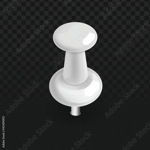 white push pin at a slight angle against a transparent dark checkered background. You can clearly see the rounded head, the shaft, and the flat base designed to hold it in place.