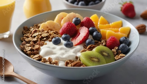 Fresh Fruit Yogurt Bowl with Granola and Nuts for Healthy Breakfast