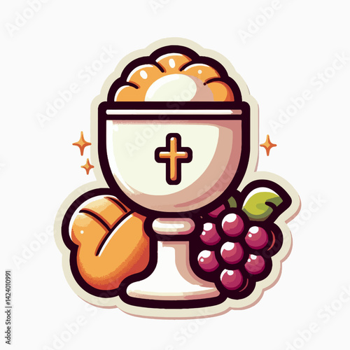 A stylized image of the Eucharist, with bread, grapes, and a chalice, symbolizing a Christian religious ceremony.