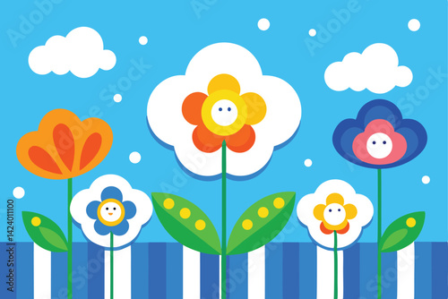 Joyful Flowers Cartoon with Leaves on Striped Meadow under Blue Sky Background