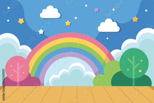 Landscape with blue sky, clouds, rainbow, trees, grass and wood floor
