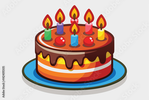 Layered Cake with Chocolate Drip, Colorful Candles, and Red Balls on a Blue Plate