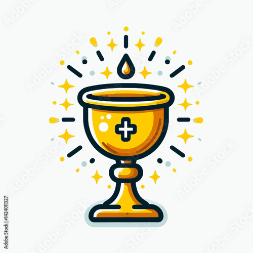 A stylized golden chalice, illuminated by radiating light, depicts a religious symbol.