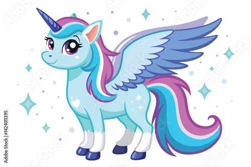 Light Blue Unicorn with Wings, Horn, Colorful Mane and Tail on White Background
