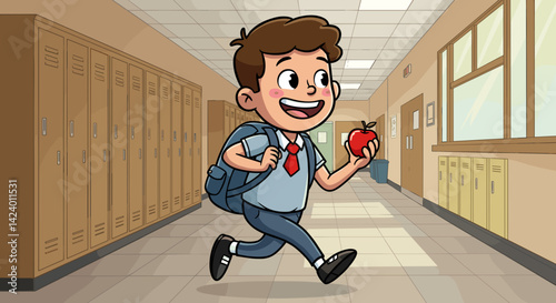 Happy schoolboy running with an apple in a school hallway  