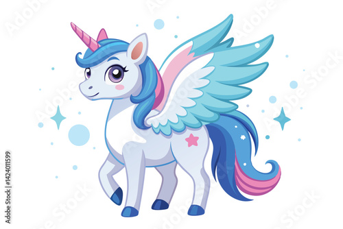 Magical Pegasus Cartoon with Blue Mane, Pink Star and White Background