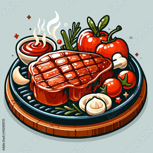 A graphic design of a grilled steak with various vegetables, sauce, and seasoning, presented on a cast-iron platter.