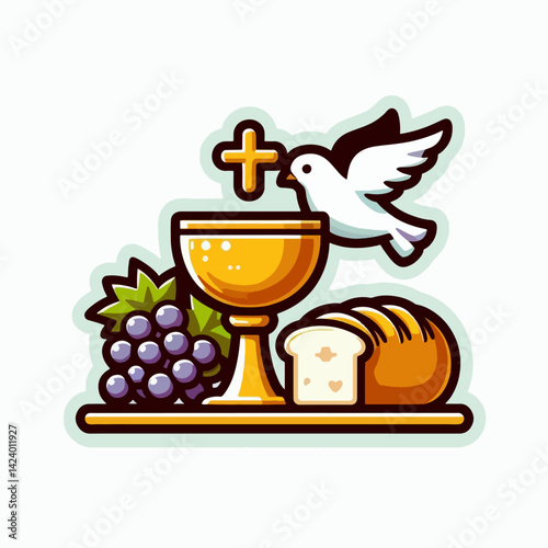 A stylized illustration of the holy communion elements, including a chalice, bread, grapes, and a dove, representing a christian sacrament.