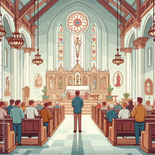 A colorful illustration depicting a church interior during a service, featuring a speaker and a congregation.