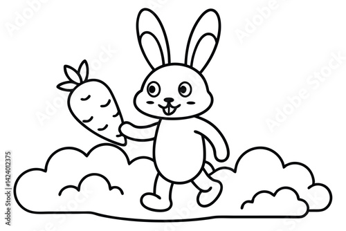 Outlined Rabbit Walking on Clouds Holding Carrot Cute Cartoon