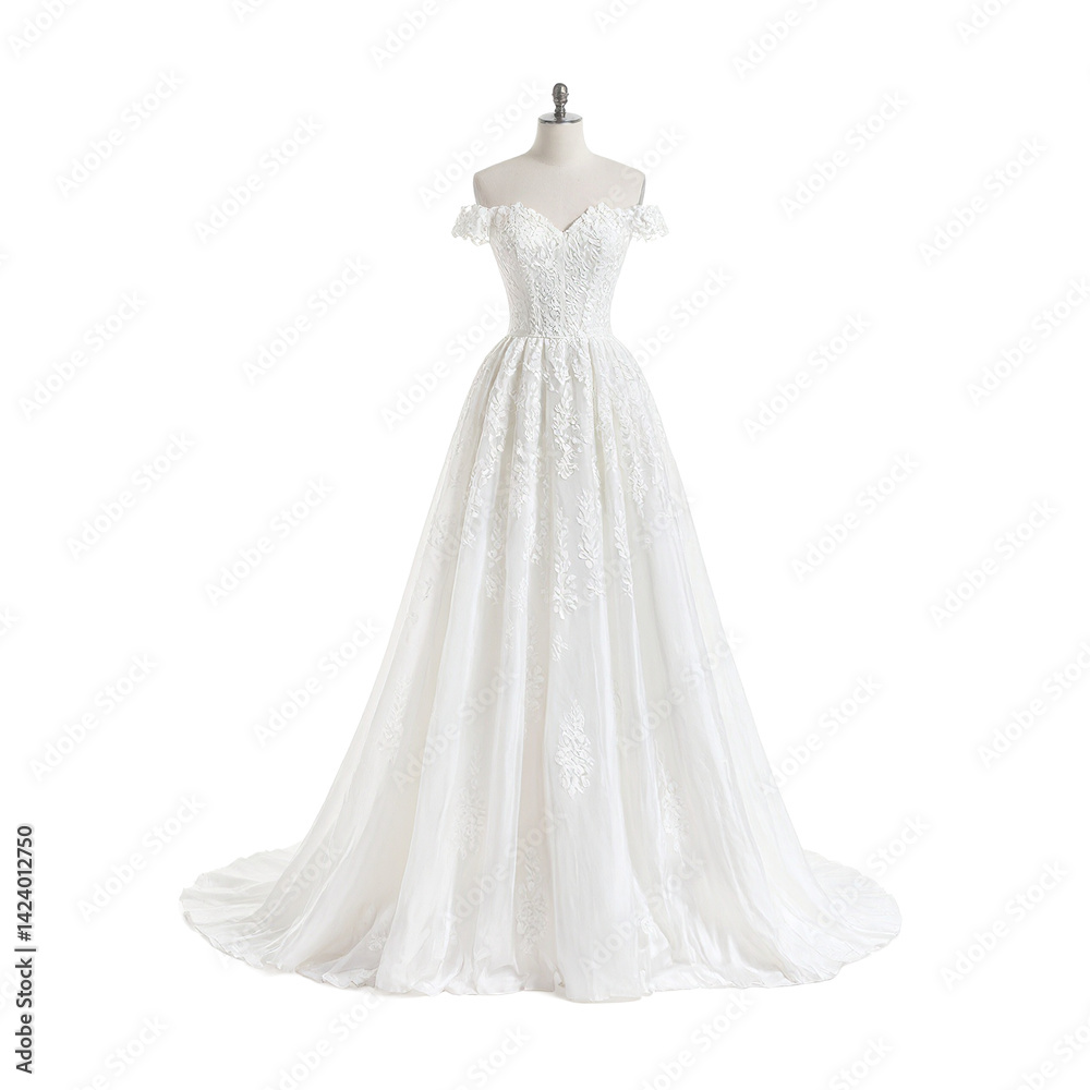 Elegant white lace wedding dress isolated for bridal concepts and designs