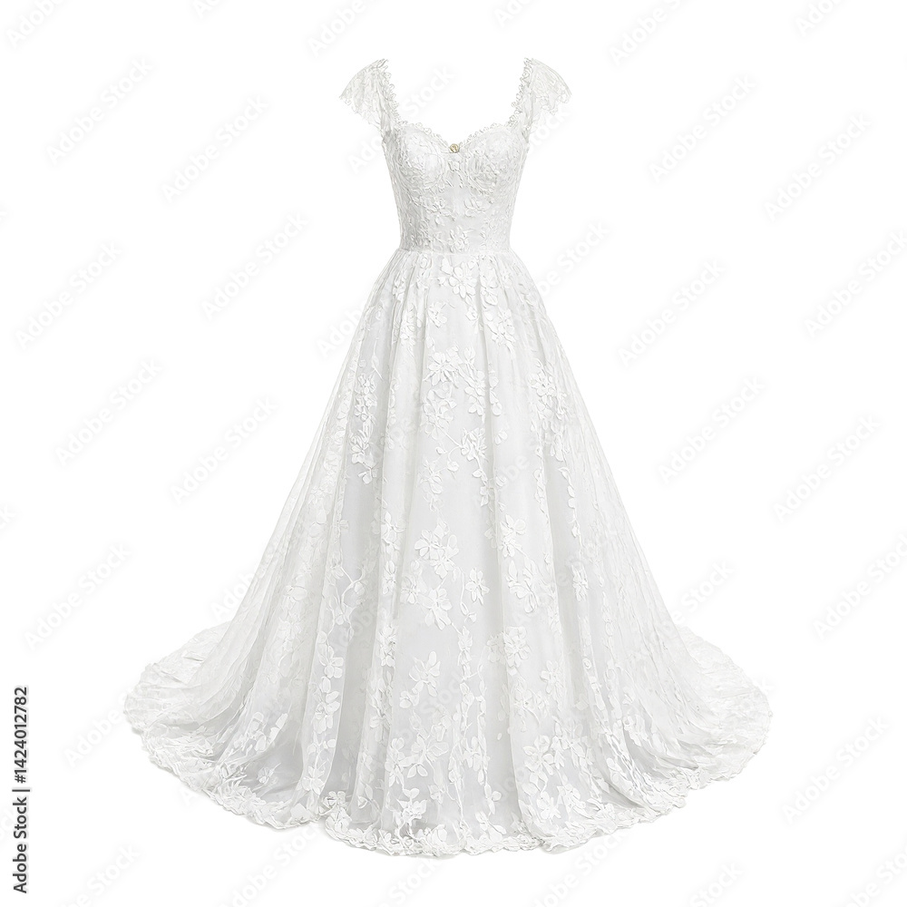 Elegant white lace wedding dress isolated for bridal concepts and designs