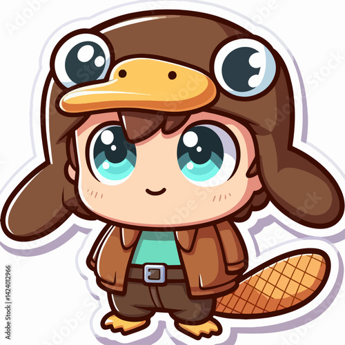 A stylized cartoon boy wearing a platypus costume, showcasing a cheerful expression and anime-inspired features.