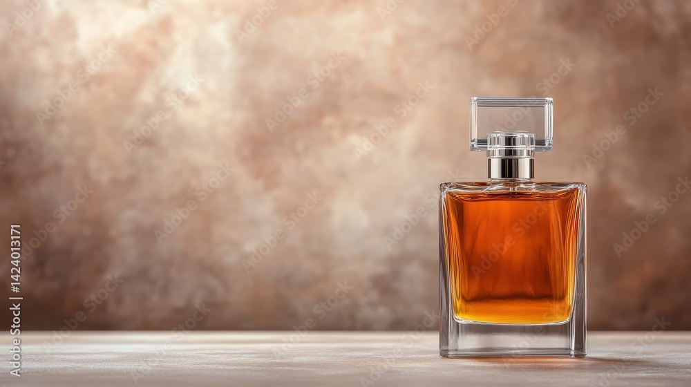 A beautifully designed perfume bottle filled with warm amber liquid is elegantly displayed, embodying sophistication and luxury in a minimalist setting. A beautifully designed perfume bottle filled with warm amber liquid is elegantly displayed, embodying sophistication and luxury in a minimalist setting.
