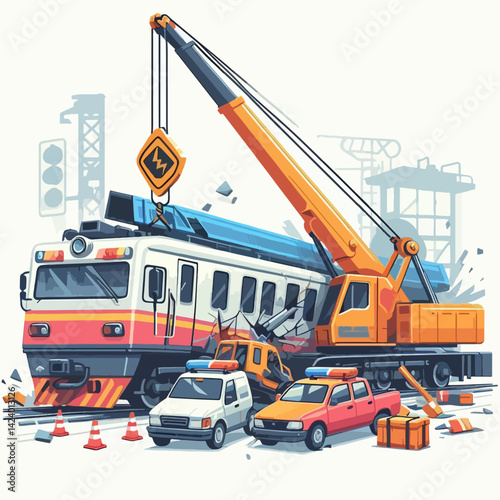 A graphic illustration of a train collision scene, showing a crane lifting debris from damaged train and other vehicles.