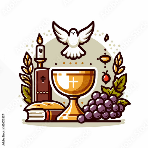 A stylized depiction of Christian communion elements, including a dove, chalice, bread, and grapes, forming a circular arrangement.