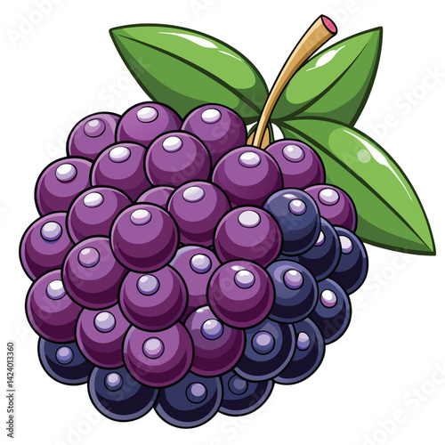 Cartoon Cluster of Purple and Dark Berries with Leaves