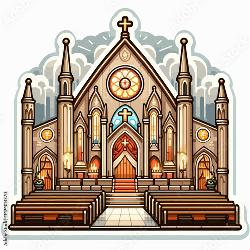 A detailed cartoon illustration of a grand church exterior, featuring ornate details, stained glass, and pews.