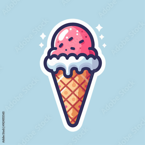 A vibrant illustration of a pink ice cream cone with a melting topping.